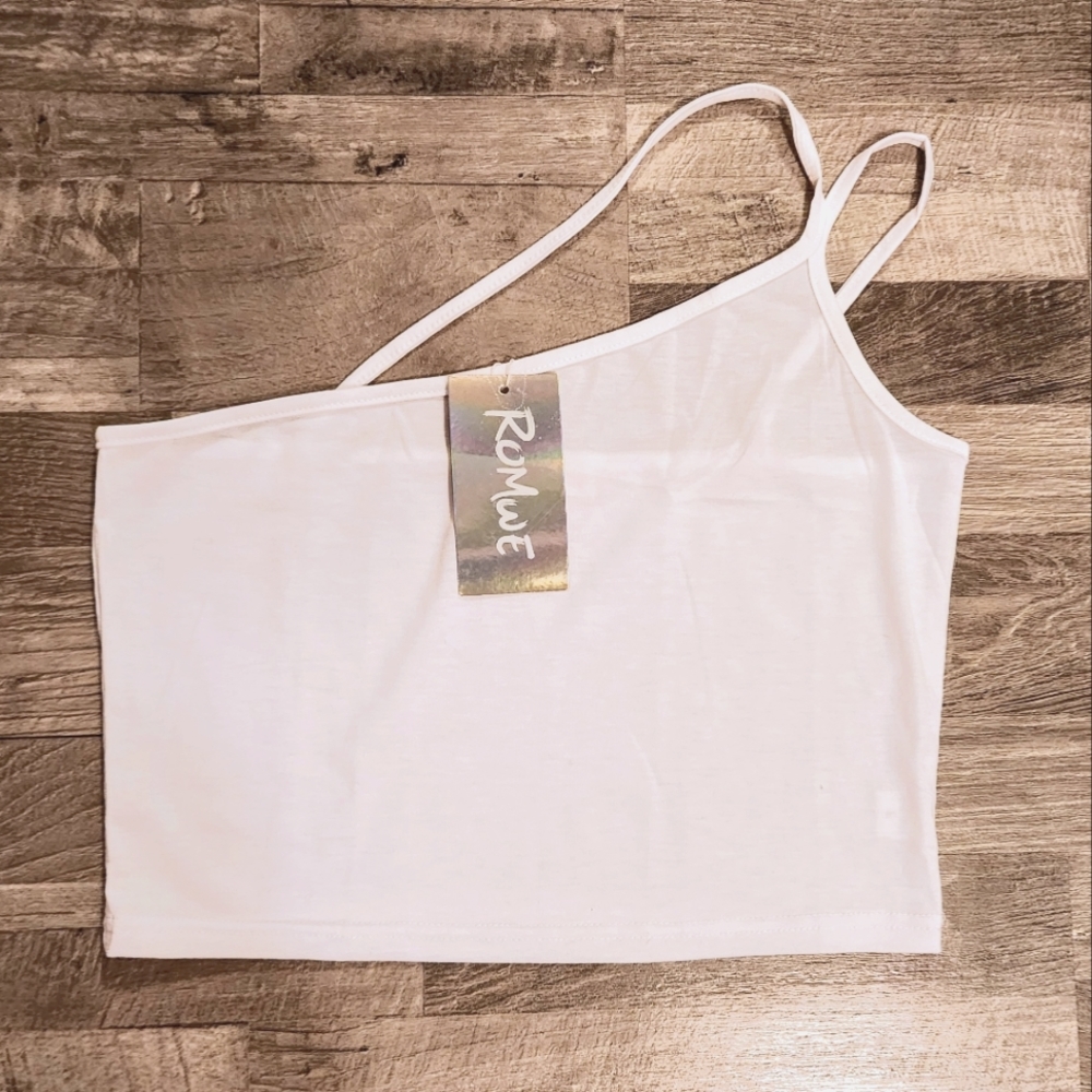 Romwe Asymmetrical Neck Solid Crop Top - White -‎ Small